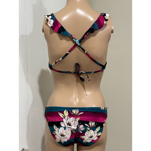 Women's Hula Honey Floral stripe Bikini Set Size S Pink Teal stripe ruffle - Picture 5 of 8